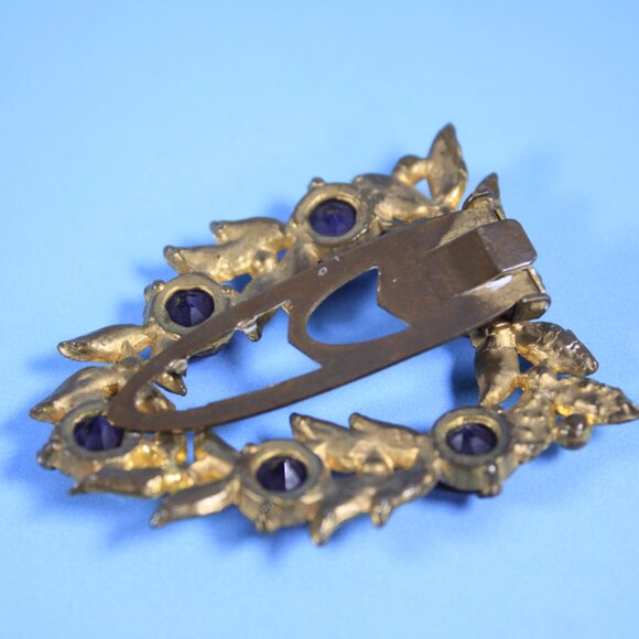 Antique dress clip gold tone laurel branches purple stones - Picture 6 of 9